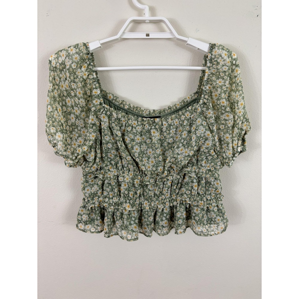 Moa Moa Blouse Womens XL Green Daisy Floral Babydoll Cropped Ruffle Boho Top